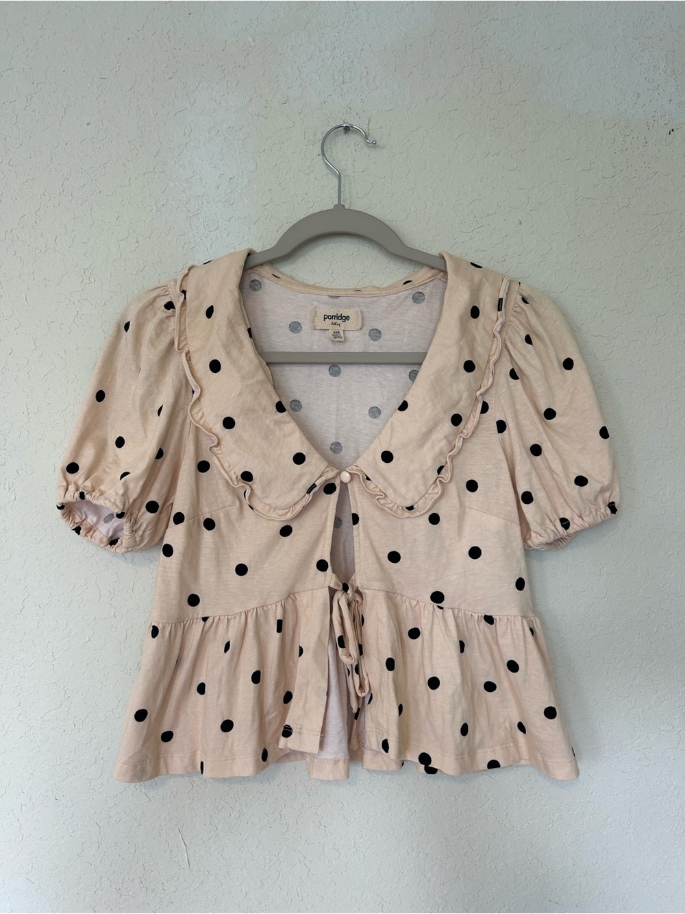 Coquette Short Sleeve Gwen Top, Beige Polka Dot Ruffle Tie-Front Peplum Blouse - Picture 2 of 8